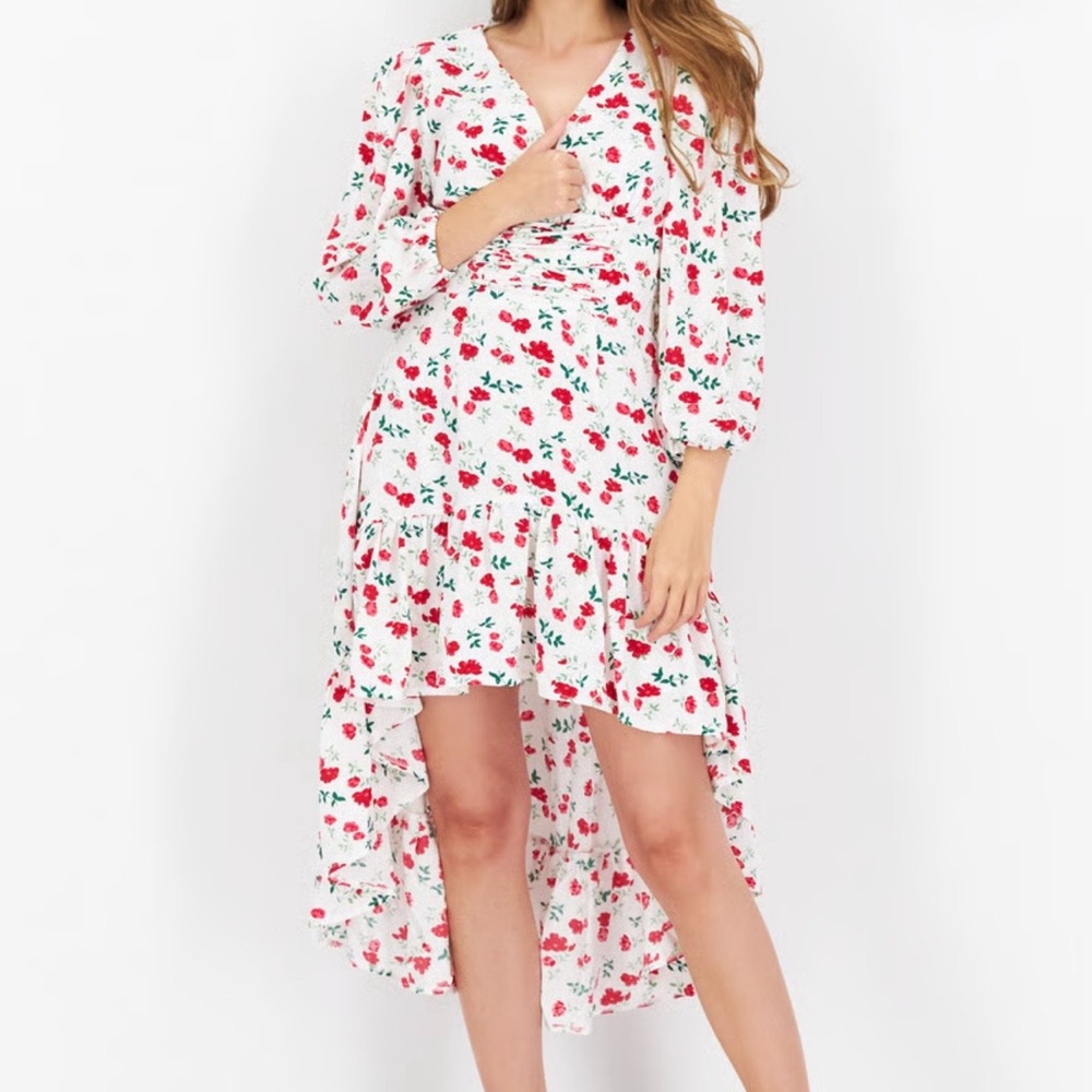 KEEP Collective White Dress with Red Floral High-Low Hem